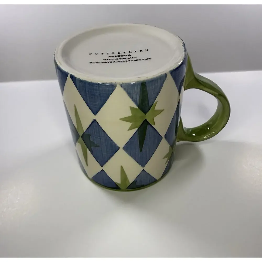 Pottery Barn Caleca Ceramic Coffee Mug Harlequin Geometric Blue Green 16 oz
